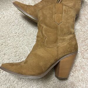 JustFab Tan Suede Western Block Heel Ankle Boots